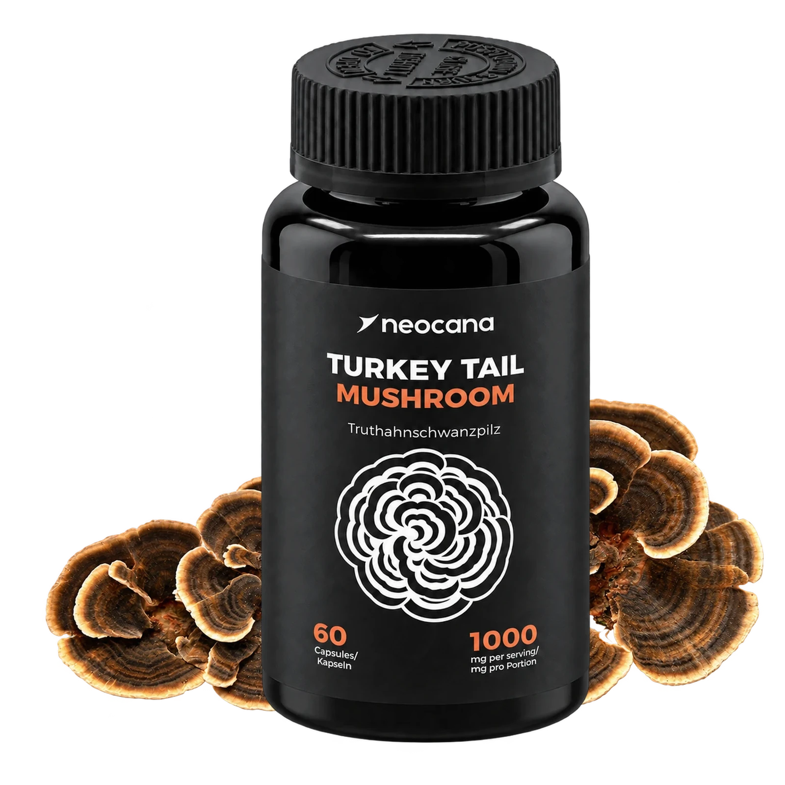 Turkey Tail Mushroom Kapseln – Dose mit Turkey-Tail-Pilzen